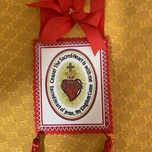Può includere: Scapulare religioso rosso e bianco con un nastro rosso e nappe. Lo scapolare presenta un'immagine del Sacro Cuore di Gesù con il testo "Ceaser The Sacred Heart is with me Sacred Heart of Jesus, thy Kingdom Come".
