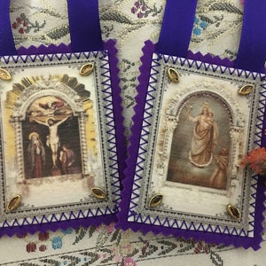El Señor de los Milagros y Virgen de la Nube. Escapularios y Broches. Convento Nazarenas de Lima.