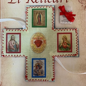 STOP!. Travel Oratory. Sacred Hearts of Jesus and Mary, Saint Michael and Virgin of Guadalupe. Sheet with the Four Holy Gospels.