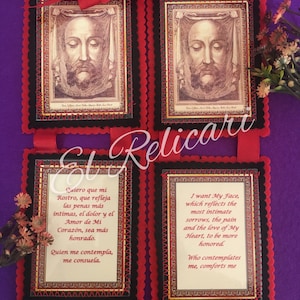 Devotion to the Holy Face. Scapular for door, blessing for the home. Spanish English.