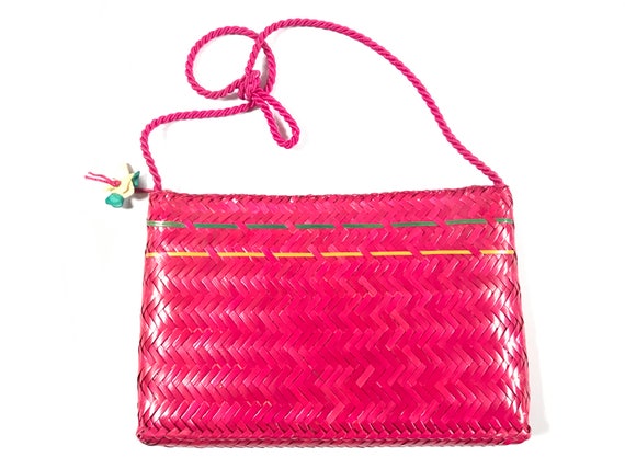 Vintage Wicker Bag. Pink Handbag. Straw Shoulder B