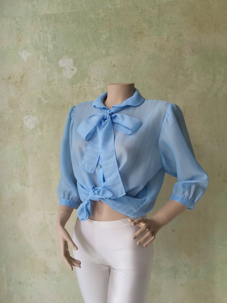 M UK 8-10 36-38 Sheer 70s Vintage Bow Blouse Size S US 4-6