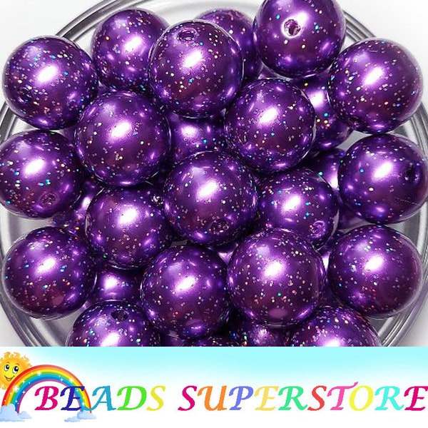 20mm Purple Glitter Pearl Chunky Bubblegum Round Beads, Gumball Beads, Acrylic Chunky Beads