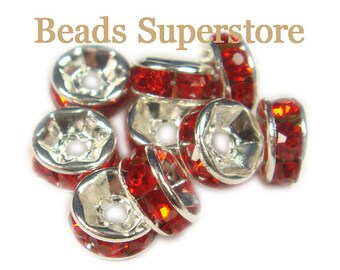 Grade AAA 6mm Light Siam Silver Plated Brass Crystal Rhinestone Rondelles, Nickel Free and Lead Free, 20pcs