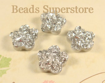 10pcs, 12mm Silver Flower Textured Drusy Flat Back Resin Cabochon - Druzy Cabochon