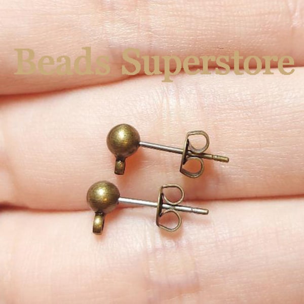 Hypoallergenic 10pcs, 4mm Antique Brass Ball Post Ear Studs with Matching Brass Ear Wire Guards, Nickel Free and Lead Free