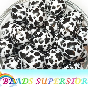 20mm White and Black Cow Print Chunky Bubblegum Round Beads, Gumball Beads, Acrylic Chunky Beads