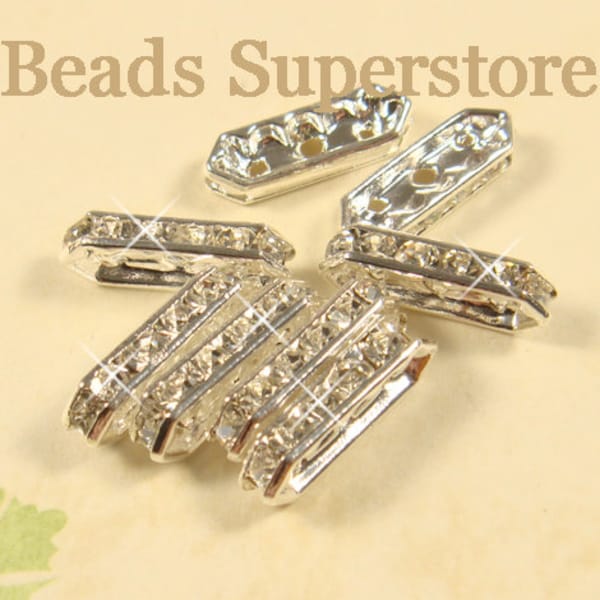 Grade AAA 16 x 3 mm Crystal Clear Silver Plated Brass 3 Hole Crystal Rhinestone Bar Spacer - Nickel Free and Lead Free, 10pcs