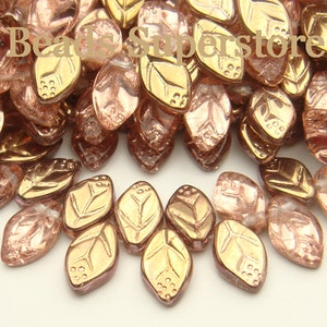 12x7mm Apollo Rose Gold Czech Glass Leaf Beads, Genuine Czech Glass, 25pcs