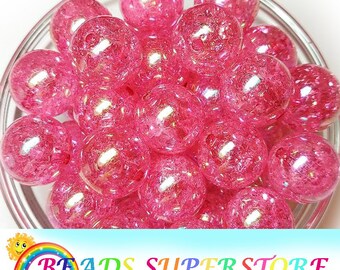 20mm Hot Pink AB Crackle Chunky Bubblegum Round Beads, Crackle Gumball Beads, Acrylic Chunky Beads