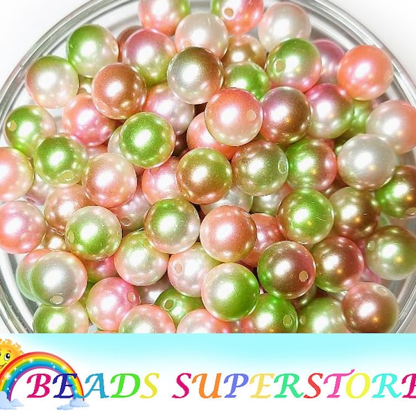 12mm Pink, Green and Caramel Miracle Pearl Chunky Bubblegum Round Beads, Ombre Pearl Beads, Magic Pearl Beads, 20pcs