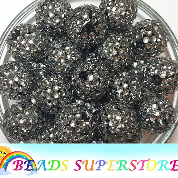 20mm Black Diamond Rhinestone Chunky Bubblegum Round Beads, Gumball Beads, Acrylic Chunky Beads