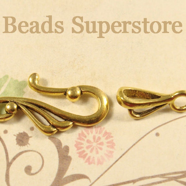 6 sets, Antique Gold Plated Alloy Bali Style Hook and Eye Clasps, Nickel Free, Lead Free and Cadmium Free