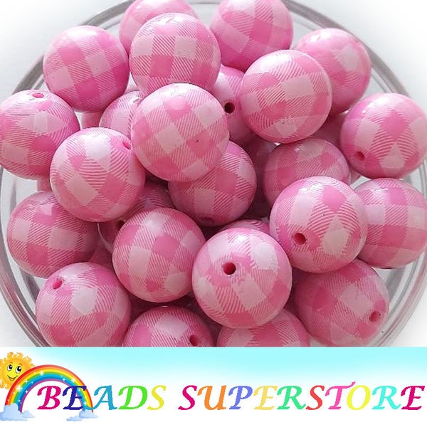 20mm Pink Buffalo Plaid Chunky Bubblegum Perles rondes, Perles Gumball, Acrylique Perles Chunky