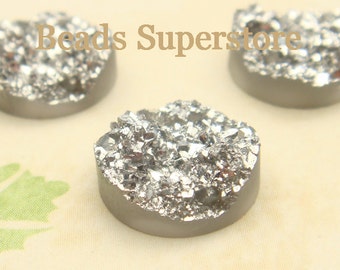 10pcs, 12mm Silver Textured Drusy Flat Back Resin Cabochon - Druzy Cabochon