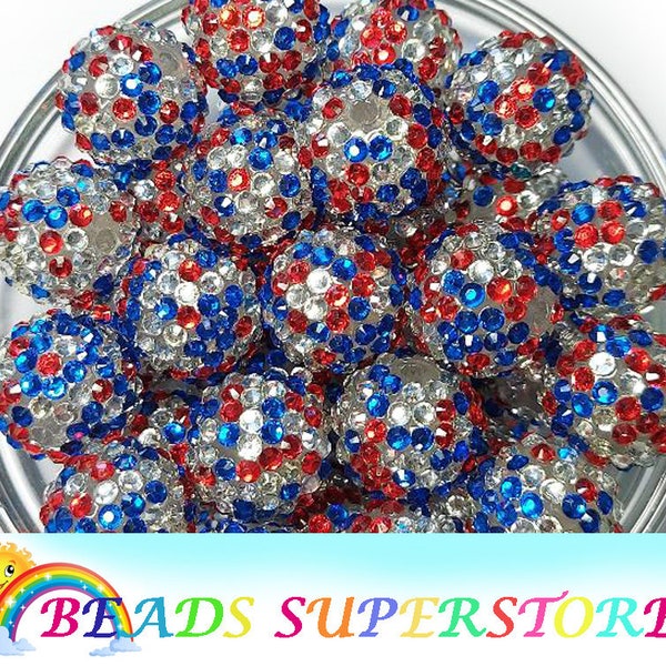 20mm Royal Blue, Red and Silver Rhinestone Chunky Bubblegum Round Beads, 4th of July Beads, Patriotic Beads