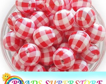 20mm White and Red Buffalo Plaid Chunky Bubblegum Round Beads, Gumball Beads, Acrylic Chunky Beads