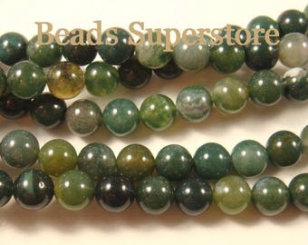 8 mm Moss Agate Semi-Precious Gemstone Round Bead - FULL Strand (GBR24)