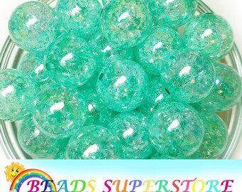 20mm Mint AB Crackle Chunky Bubblegum Perles Rondes, Crackle Gumball Perles, Perles Acryliques Chunky