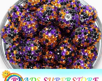 20mm Orange, Purple and Black Rhinestone Chunky Bubblegum Round Beads, Halloween Beads, Acrylic Chunky Beads