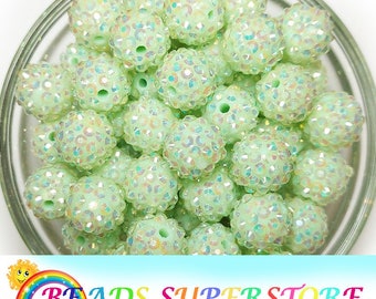 16mm Mint Green AB Rhinestone Chunky Bubblegum Round Beads, Gumball Beads, Acrylic Chunky Beads, 10pcs