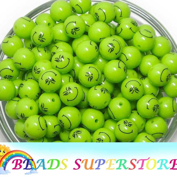 12mm Green The Grinch Smirk Print Chunky Bubblegum Round Beads, Holiday Gumball Beads, Acrylic Chunky Beads
