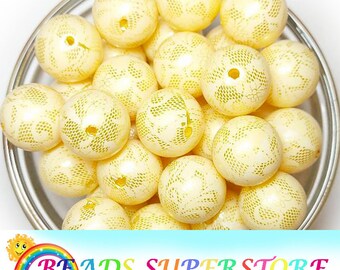 20mm Yellow Lace Print Pearl Chunky Bubblegum Round Beads, Gumball Beads, Acrylic Chunky Beads