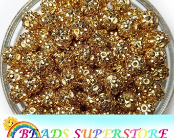 12mm Gold Rhinestone Chunky Bubblegum Round Beads, Gumball Beads, Acrylic Chunky Beads