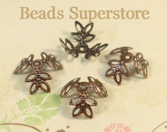 40pcs, 13 mm x 5 mm Antique Copper Bendable Flower Bead Caps, Nickel Free and Lead Free