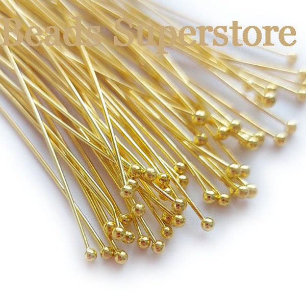 50pcs, 2.75 Inch, 70mm Gold Plated Brass Ball End Headpins, Nickel Free and Lead Free