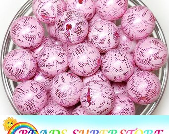 20mm Hot Pink Lace Print Pearl Chunky Bubblegum Round Beads, Gumball Beads, Acrylic Chunky Beads