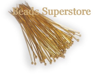 100pcs, 50mm, 2 Inch Gold Plated Brass Ball End Headpins, Nickel Free and Lead Free