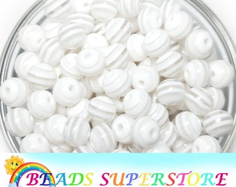 12mm White Striped Chunky Bubblegum Round Beads, Gumball Beads, Acrylic Chunky Beads, 20pcs