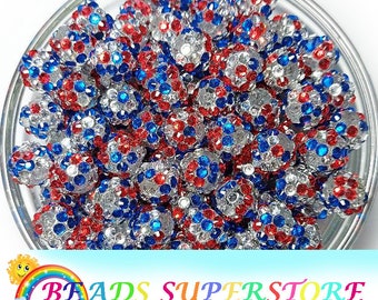 12mm Royal Blue, Red and Silver Rhinestone Chunky Bubblegum Round Beads, 4th of July Beads, Patriotic Beads