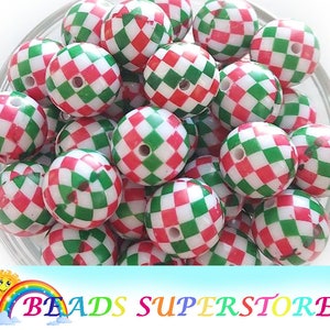 20mm Red, Green and White Christmas Plaid Print Chunky Bubblegum Round Beads, Christmas Gumball Beads, Acrylic Chunky Beads