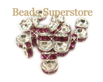 Grade AAA 6mm Fuchsia Silver Plated Brass Crystal Rhinestone Rondelles, Nickel Free and Lead Free, 20pcs