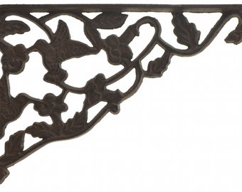 Decorative Wall Shelf Bracket Hummingbird & Vine Pattern Rust Brown Cast Iron 11.75" Deep