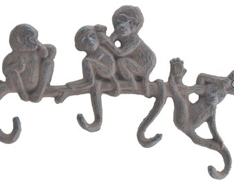 Cast Iron Wall Hook Rack - Monkeys On Branch - 4 Hooks - 10.25" Wide