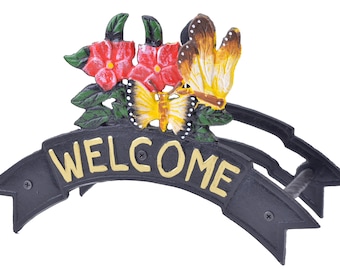 Welcome Garden Hose Holder - Butterflies & Flowers - Black Cast Iron - 12.38" W