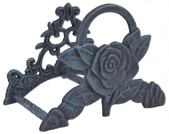 Garden Hose Holder Rose Flower Design Verdigris Cast Iron 9.5"