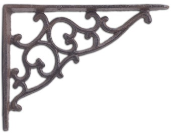 Decorative Cast Iron Wall Shelf Bracket - Ornate Vine - Rust Brown - 7.125" Deep