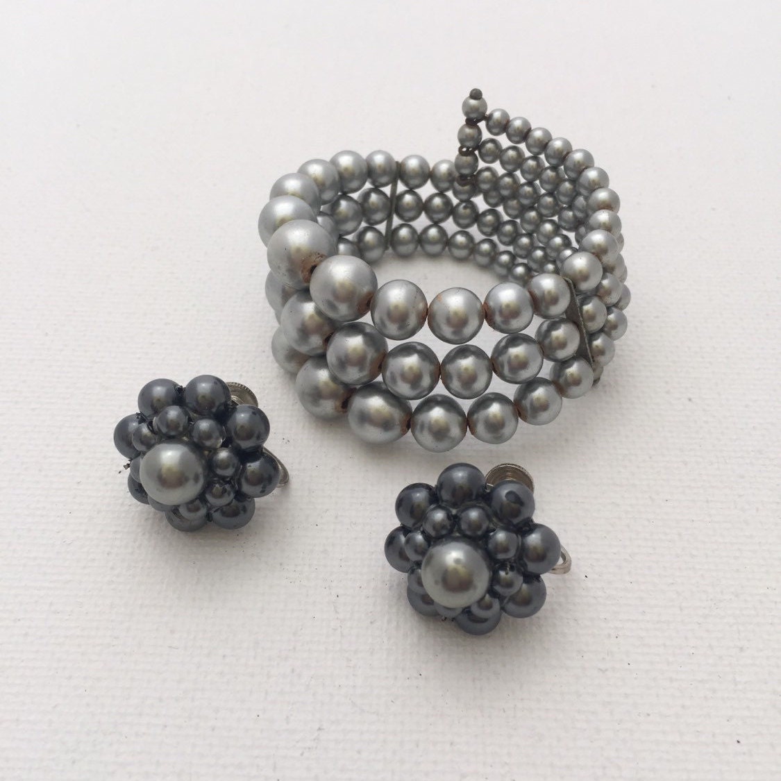 Vintage Grey Faux Pearl Bracelet and Earrings Demi Parure Etsy