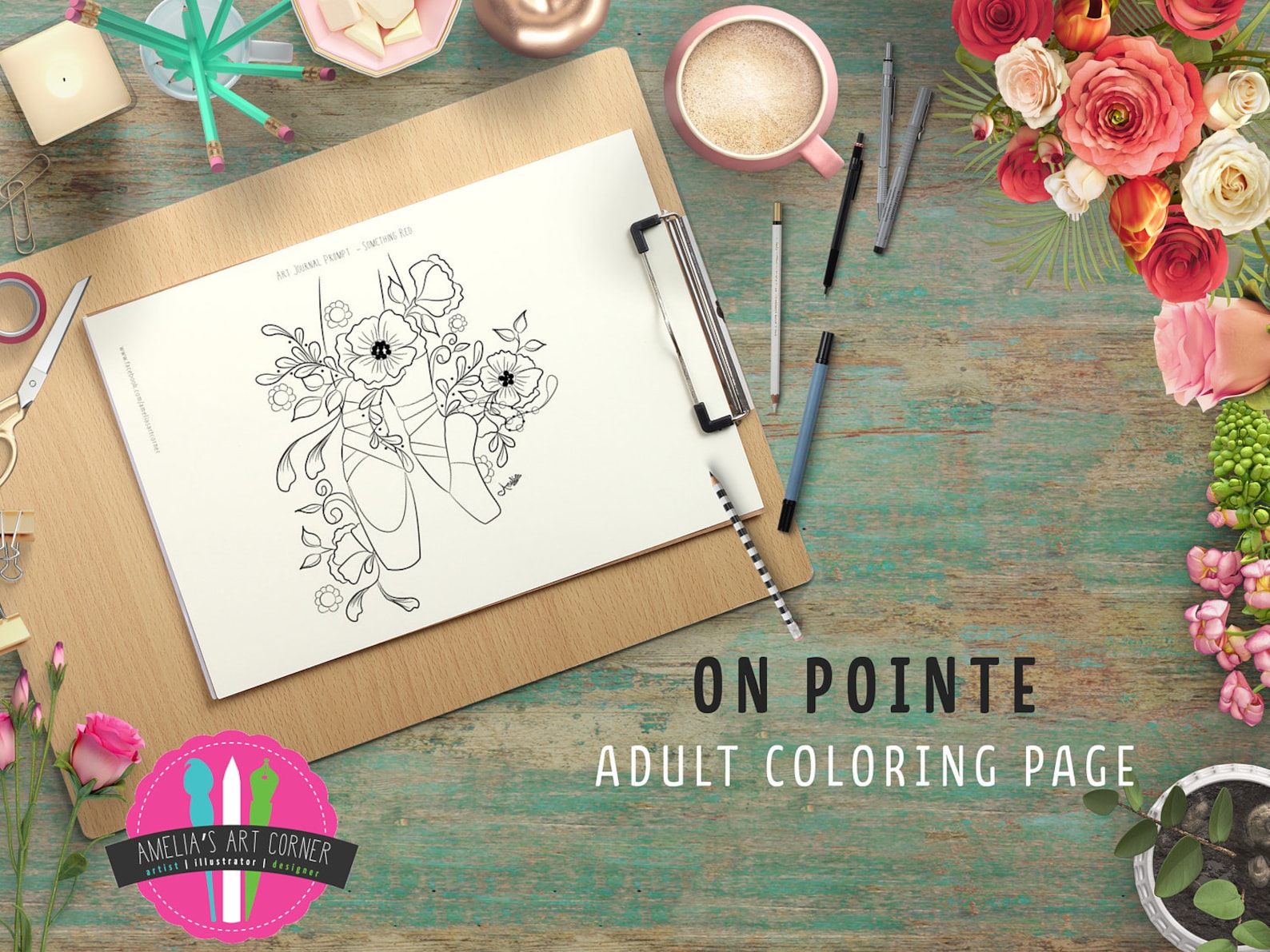 ballet pointe shoes adult coloring page - printable ballet colouring page - downloadable floral ballet coloring page