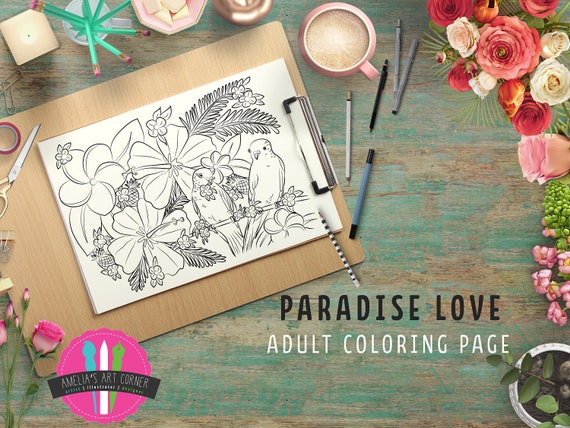 Adult Coloring Page Printable Hawaiian Flowers Parakeets Love Etsy