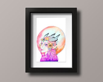 Butterfly Elf Princess - Princess with butterfly wings headdress - Pink and Purple - Pastel - Floral - Fantasy Watercolor Print