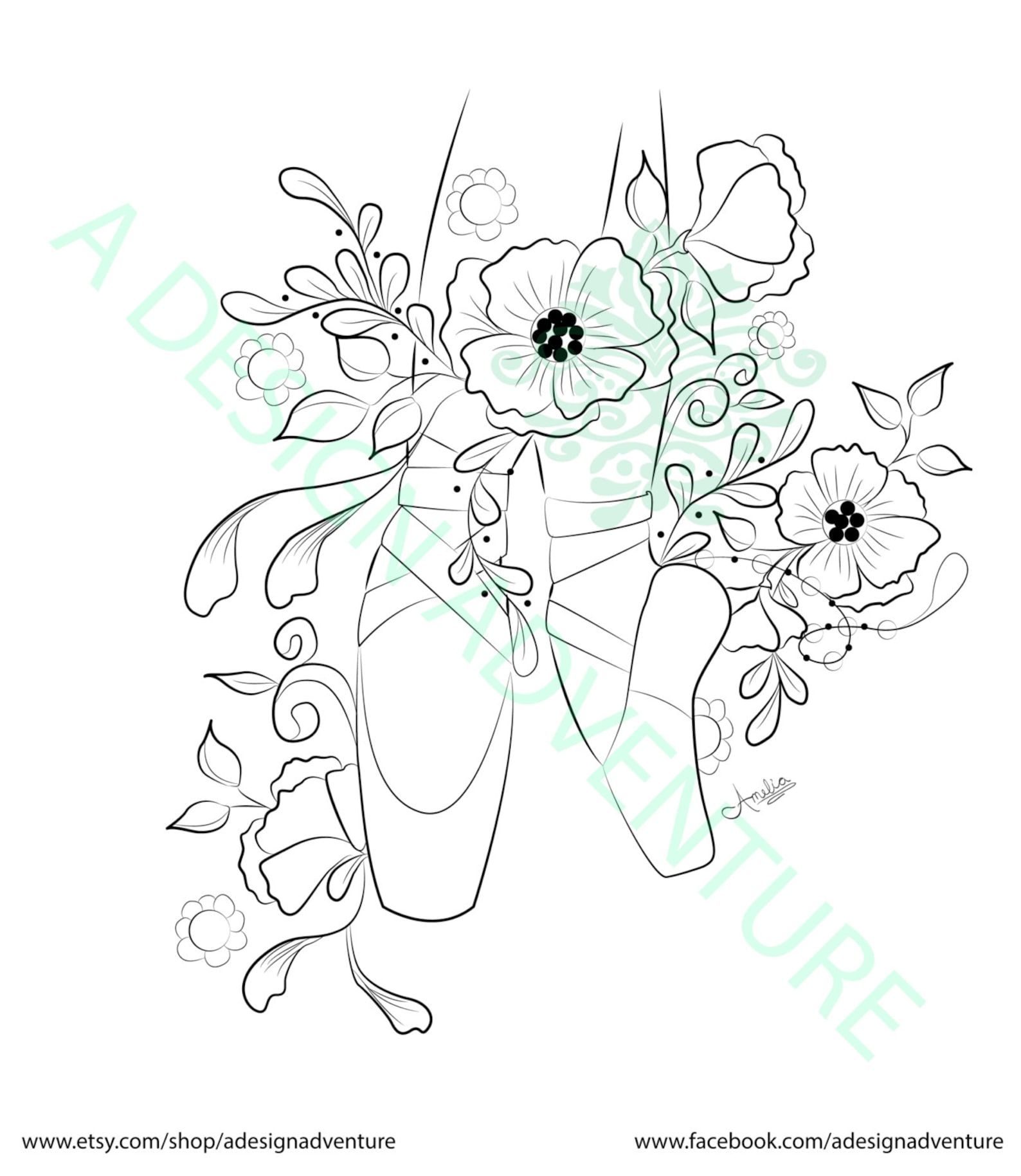 ballet pointe shoes adult coloring page - printable ballet colouring page - downloadable floral ballet coloring page