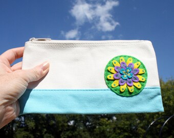 Hand Embroidered Canvas Pouch: Colorblock Cosmetic Bag with Felt Flower