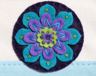 Hand Embroidered Canvas Pouch: Colorblock Cosmetic Bag with Felt Flower