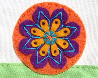 Hand Embroidered Canvas Pouch: Colorblock Cosmetic Bag with Felt Flower