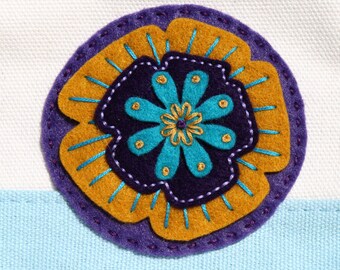 Hand Embroidered Felt Flower Pouch: Colorblock Canvas Cosmetic Bag